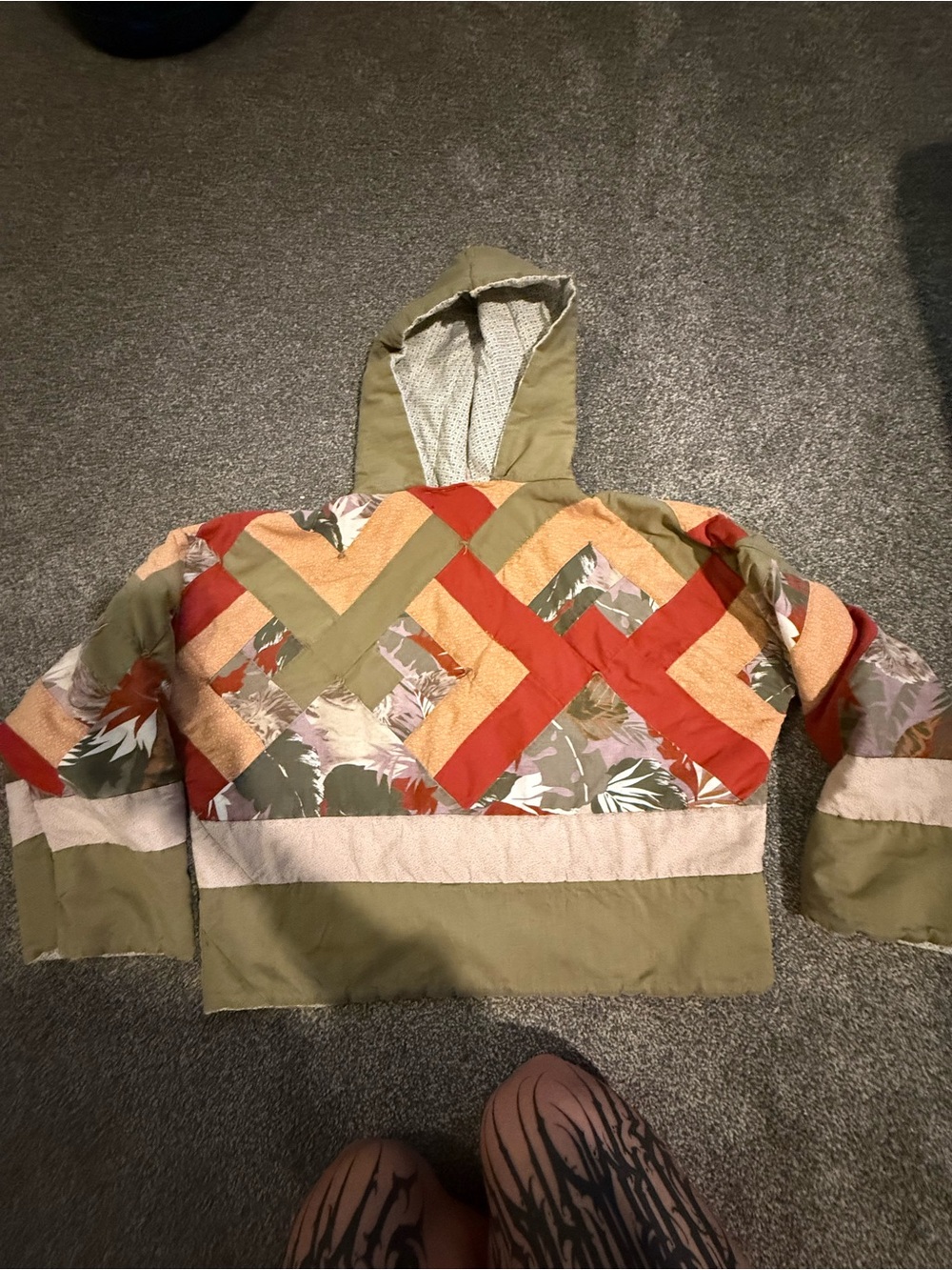 Quilted handmade one of one Patchwork Hoodie Jacket - Olive, Rust & Cream